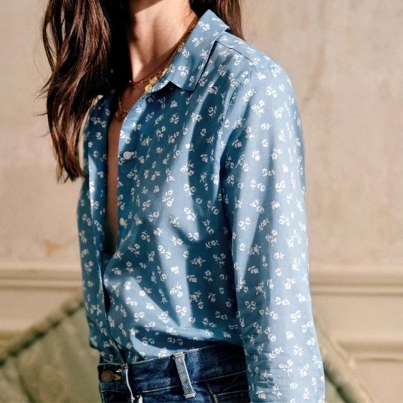 Sezane Ann Blue & Ecru Mini Flowers Shirt -- Size 10 US / 42 FR - Picture 4 of 10